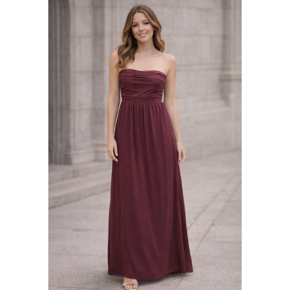 Lovers + Friends Dresses & Skirts - Lovers and Friends Burgundy Strapless Ruched Maxi Dress Wine Bridesmaid Gown L